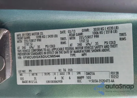 2013 Ford Escape Se z USA, uszkodzony, nr VIN 1FMCU0GX5DUC98544